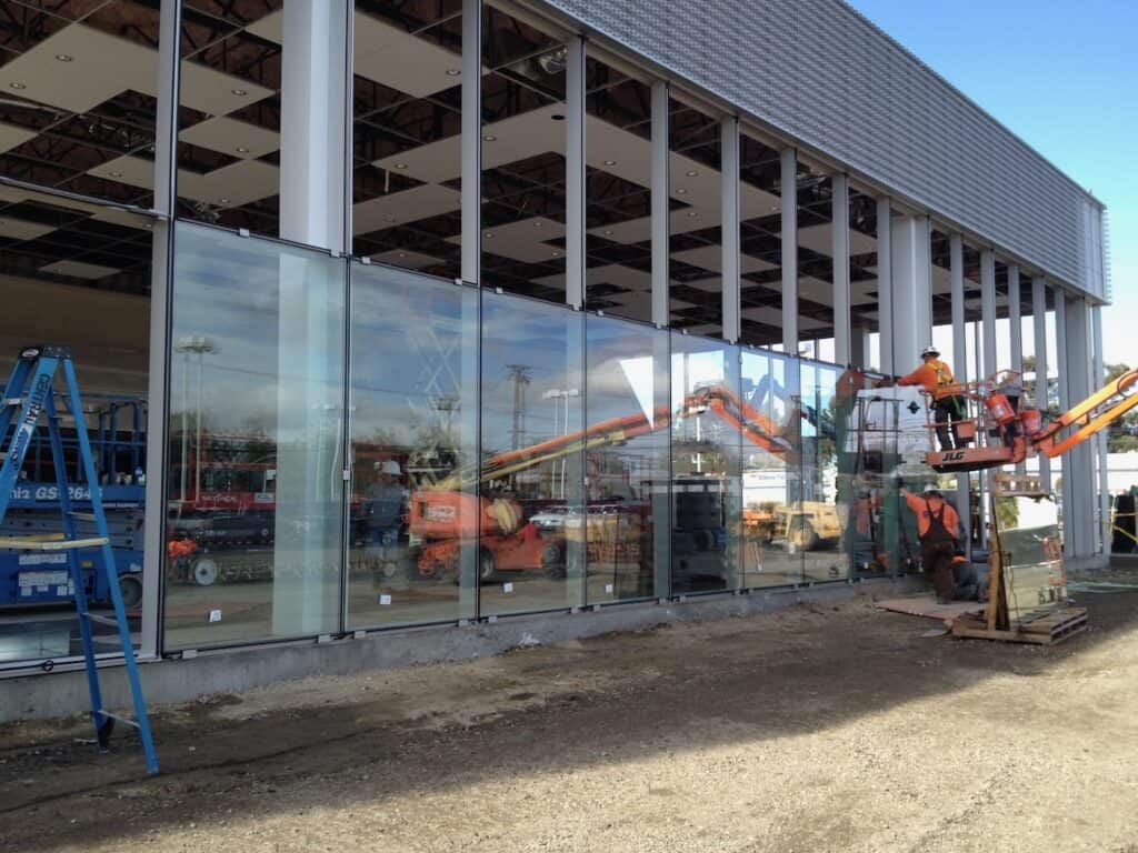 Commercial glass facade part way through installation