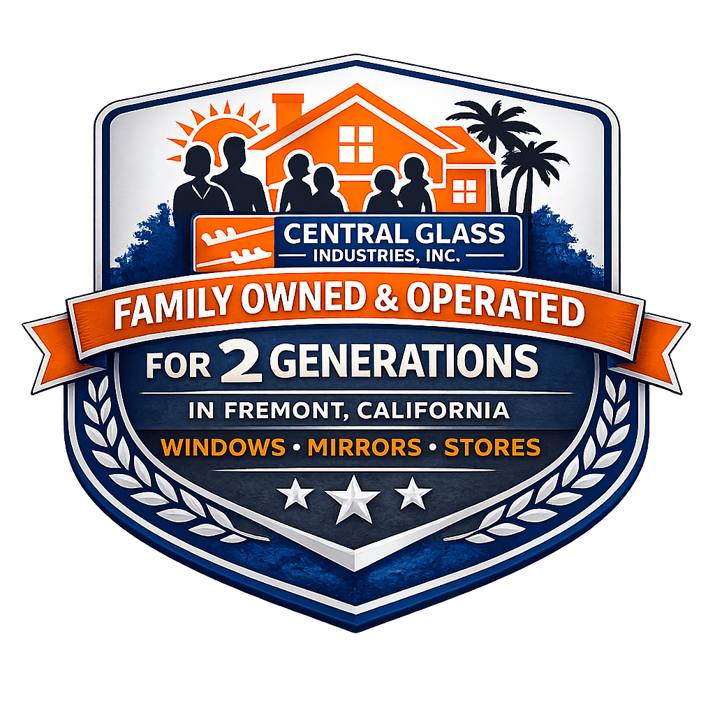 Central Glass Industries badge, family owned and operated for two generations in Fremont, California, specializing in windows, mirrors and storefronts