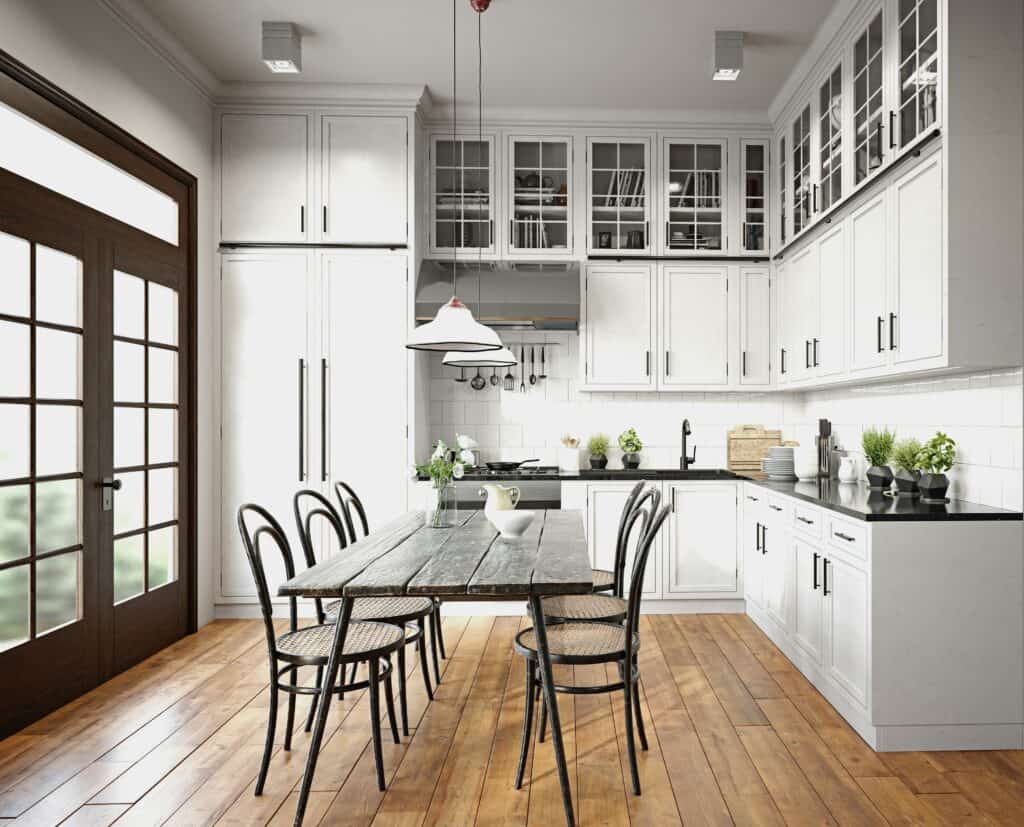 Kitchen and dining area with glazed doors