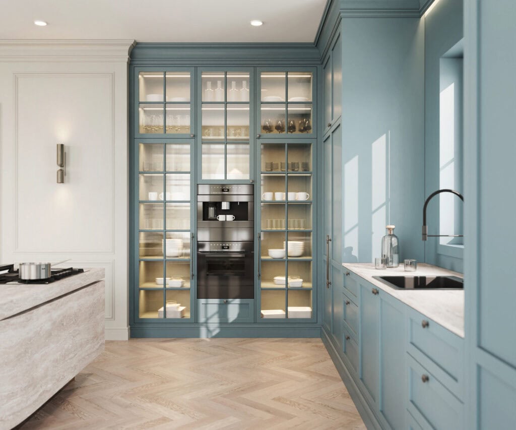 Kitchen with glass fronted cabinetry