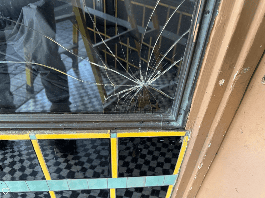 Shattered glass panel awaiting replacement